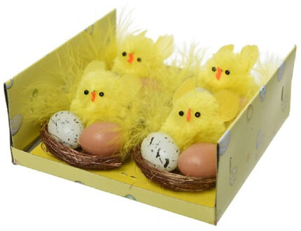 Decoris Kuikentjes - geel - mini - 4stuks - in nest met eitjes 5 cm - Paaskuikentje