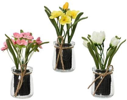 Decoris Kunstplant in pot glas h16cm verschillende