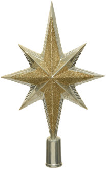 Decoris Kunststof glitter ster piek/kerstboom topper parel/champagne 25,5 cm - kerstboompieken Champagnekleurig