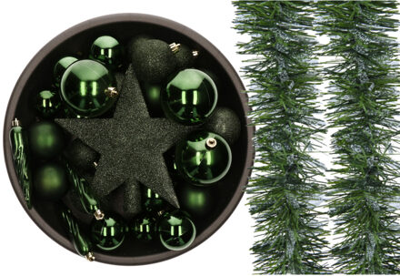 Decoris Kunststof kerstballen - 33x st- met 2x slingers en een ster piek -donkergroen