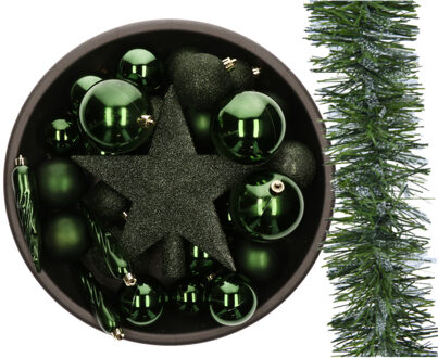 Decoris Kunststof kerstballen - 33x st- met slinger en ster piek -donkergroen