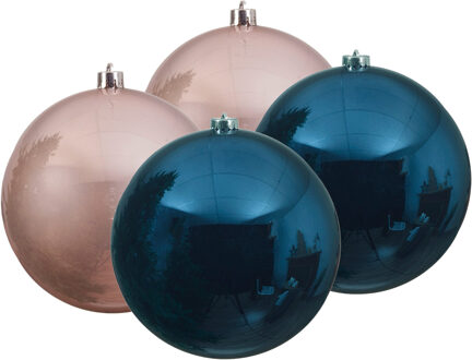Decoris Kunststof kerstballen 4x stuks donkerblauw en lichtroze 14 cm