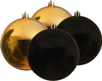 Decoris Kunststof kerstballen 4x stuks goud en zwart 14 cm - Kerstbal Goudkleurig