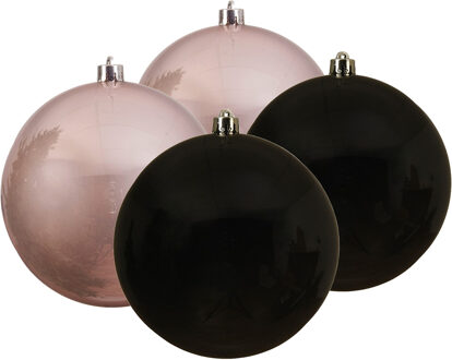 Decoris Kunststof kerstballen 4x stuks zwart en lichtroze 14 cm - Kerstbal