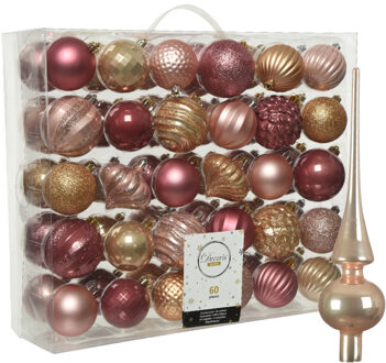 Decoris Kunststof kerstballen 60x stuks 6-7 cm met glazen glans piek roze en bruin - Kerstbal Champagnekleurig