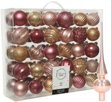 Decoris Kunststof kerstballen 60x stuks 6-7 cm met glazen glans piek roze en bruin - Kerstbal