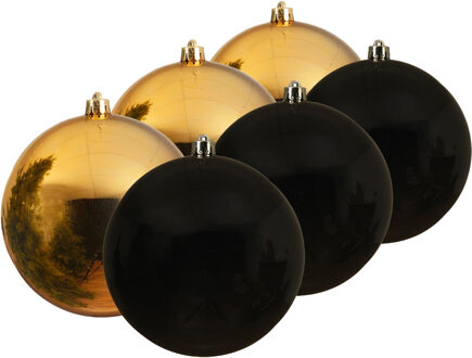 Decoris Kunststof kerstballen 6x stuks goud en zwart 14 cm - Kerstbal Goudkleurig