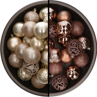 Decoris Kunststof kerstballen 74x stuks champagne en bruin 6 cm - Kerstbal