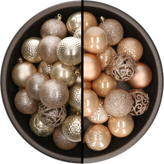 Decoris Kunststof kerstballen 74x stuks champagne en lichtbruin 6 cm - Kerstbal