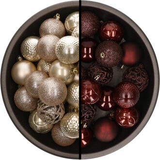 Decoris Kunststof kerstballen 74x stuks champagne en mahonie bruin 6 cm