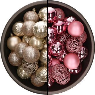 Decoris Kunststof kerstballen 74x stuks champagne en roze 6 cm - Kerstbal