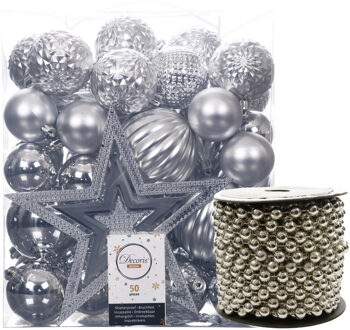 Decoris Kunststof kerstversiering set zilver 51-delig - Kerstbal Zilverkleurig