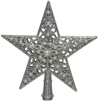 Decoris Kunststof ster piek/kerstboom topper zilver 21 cm - kerstboompieken Zilverkleurig