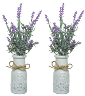 Decoris Lavendel kunstplant - 4x stuks - in witte pot - lila paars - H32 cm - lavandula