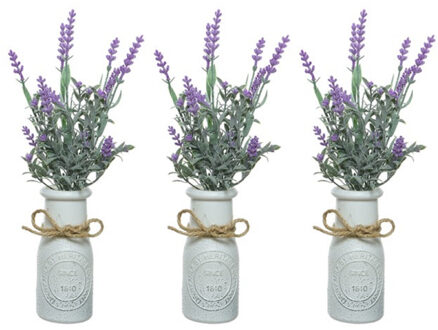 Decoris Lavendel kunstplant - 8x stuks - in witte pot - lila paars - H32 cm - lavandula