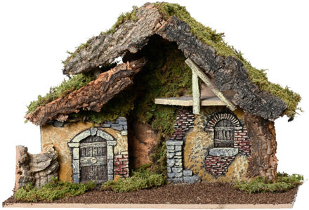 Decoris Lege kerststal - zonder figuren - L43 x B19 x H29 cm - hout/mos Bruin