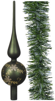 Decoris Luxe glazen piek gedecoreerd 31cm -en kerstslinger 270 cm -donkergroen - kerstboompieken