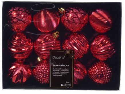 Decoris luxe kerstballen 12x - 6 cm - kunststof -rood - Kerstbal