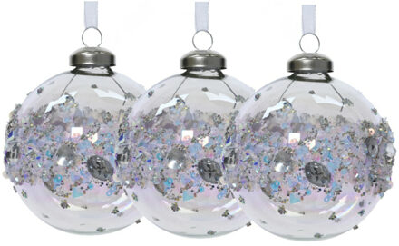 Decoris Luxe kerstballen - 3x stuks - 8 cm - transparant parelmoer - glas - gedecoreerd