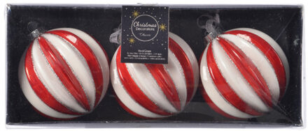 Decoris Luxe kerstballen - 6x - rood/wit gestreept - D8 cm - glas - glitter - brass