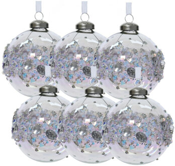 Decoris Luxe kerstballen - 6x stuks - 8 cm - transparant parelmoer - glas - gedecoreerd