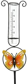 Decoris Metalen regenmeter tuindecoratie 33 cm metaal/glas met vlinder - Regenmeters Multikleur