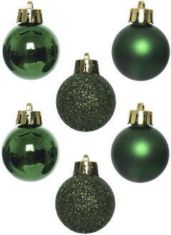 Decoris Mini kerstballen - 14x st - donkergroen - D3 cm - kunststof - kerstversiering