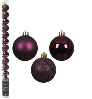 Decoris Mini kerstballen - 14x st - donkerpaars - D3 cm - kunststof - kerstversiering Aubergine paars