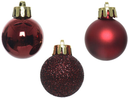 Decoris Mini kerstballen - 14x st - donkerrood - D3 cm - kunststof - kerstversiering