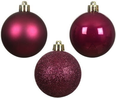 Decoris Mini kerstballen - 14x st - donkerroze - D3 cm - kunststof - kerstversiering