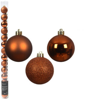 Decoris Mini kerstballen - 14x st - koper/cognac bruin - D3 cm - kunststof - kerstversiering