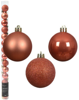 Decoris Mini kerstballen - 14x st - pompoen oranje - D3 cm - kunststof - kerstversiering