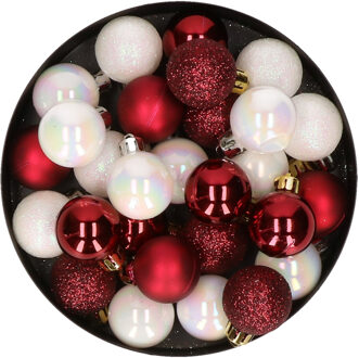 Decoris Mini kerstballen - 28x - parelmoer wit en rood - D3 cm - kunststof - onbreekbaar