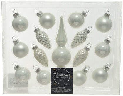 Decoris Mini kerstballen - 3 cm - met piek - 15 - wit - glas - Kerstbal