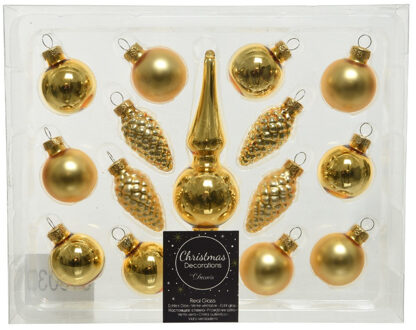 Decoris Mini kerstballen D3 cm - met piek - set 15-delig - goud - glas - kerstversiering Goudkleurig