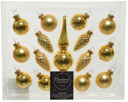 Decoris Mini kerstballen D3 cm - met piek - set 15-dlg - goud - glas - Kerstbal Goudkleurig