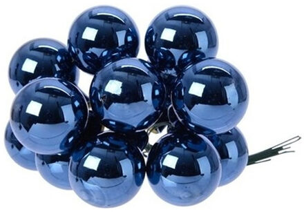 Decoris mini kerstballetjes op stekers - 10x stuks - donkerblauw - D2.5 cm - glas