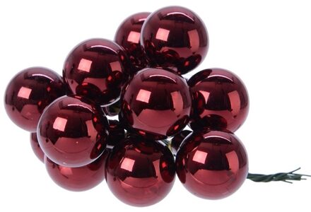 Decoris mini kerstballetjes op stekers - 10x stuks - donkerrood - D2 cm - glas