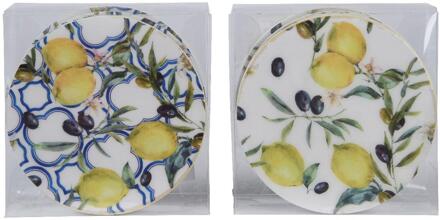 Decoris Onderzetter citroen mdf dia10cm 4-delig blauw