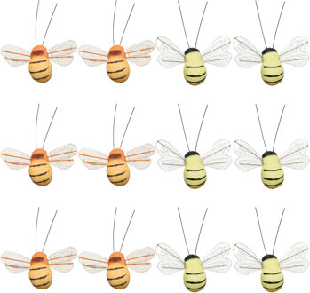 Decoris Paasdecoratie 12x stuks bijen op clip - 3 x 7 cm - foam - oranje
