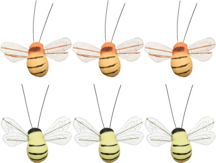 Decoris Paasdecoratie 6x stuks bijen op clip - 3 x 7 cm - foam - oranje
