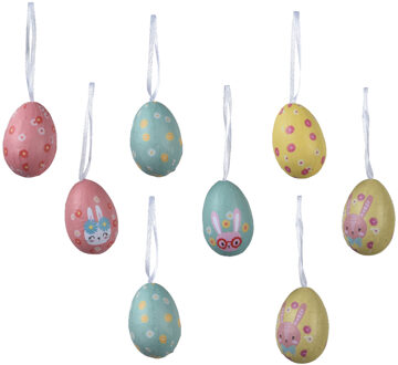 Decoris Paaseieren met paashazen - 8x - kunststof - gekleurd - D3,5 x H5 cm - paasdecoratie Geel