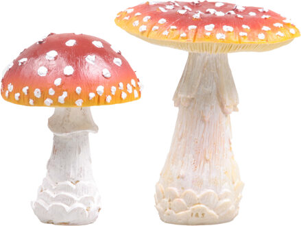 Decoris Paddenstoelen Set - 2x stuks - polyresin - 10 cm en 12 cm - herfst decoratie