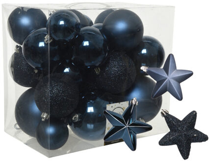 Decoris Pakket 32x stuks kunststof kerstballen en sterren ornamenten donkerblauw