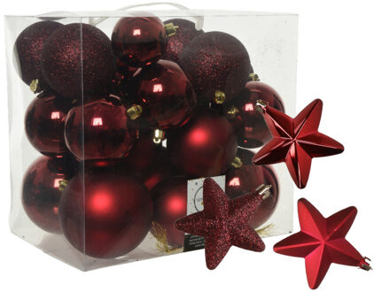 Decoris Pakket 32x stuks kunststof kerstballen en sterren ornamenten donkerrood
