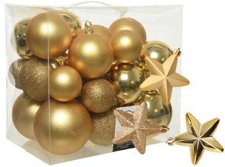 Decoris Pakket 32x stuks kunststof kerstballen en sterren ornamenten goud