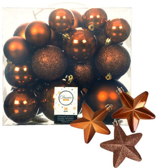 Decoris Pakket 32x stuks kunststof kerstballen en sterren ornamenten kaneel bruin