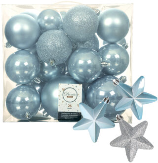 Decoris Pakket 32x stuks kunststof kerstballen en sterren ornamenten lichtblauw
