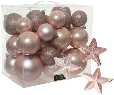Decoris Pakket 32x stuks kunststof kerstballen en sterren ornamenten lichtroze