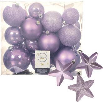 Decoris Pakket 32x stuks kunststof kerstballen en sterren ornamenten lila paars
